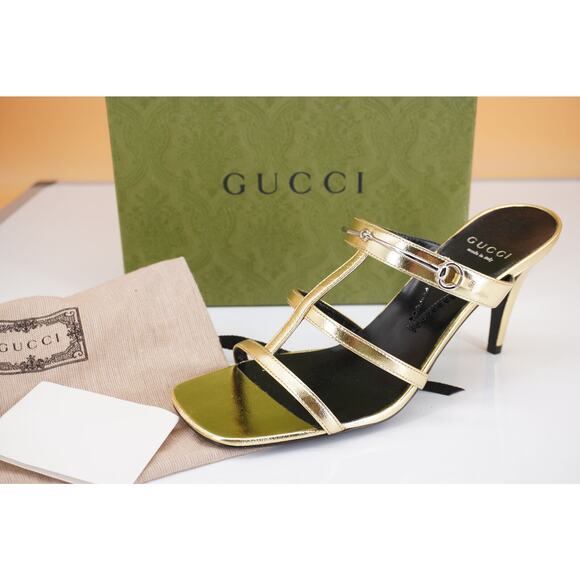 Gucci Divine Gold Silver Strappy Metallic Sandals Size 37 NIB $920 Logo Bit Cage